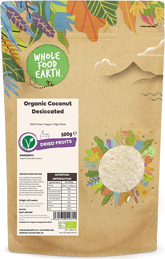 Wholefood Earth Organic Coconut Desiccated 500g RRP 9.64 CLEARANCE XL 2.99 or 2 for 5